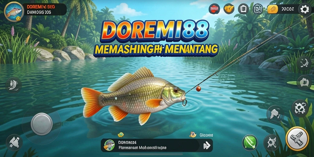Tampilan gameplay DOREMI88 saat menangkap ikan di danau yang indah.