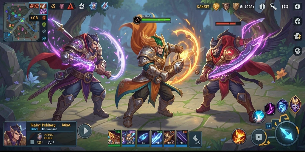 Screenshot gameplay KAKRP menampilkan aksi seru pertempuran antara pahlawan.